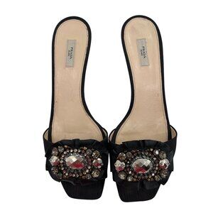 Prada Black‎ Satin Embellished Open Toe Mules EU 36.5 6.5 US Made In Italy